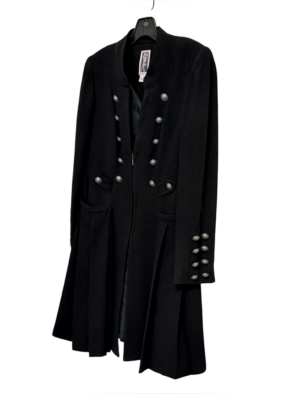 Zelda Women’s Military-Chic Long Coat | Black w/ Silver-Tone Buttons | Size 6 - Picture 4 of 12